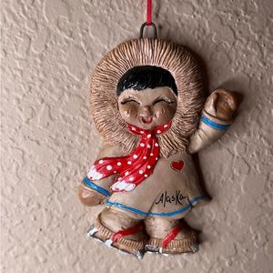 Vintage 1993 Eski Moppets Alaskan Girl Ice Skating Christmas Ornament, J. Reid